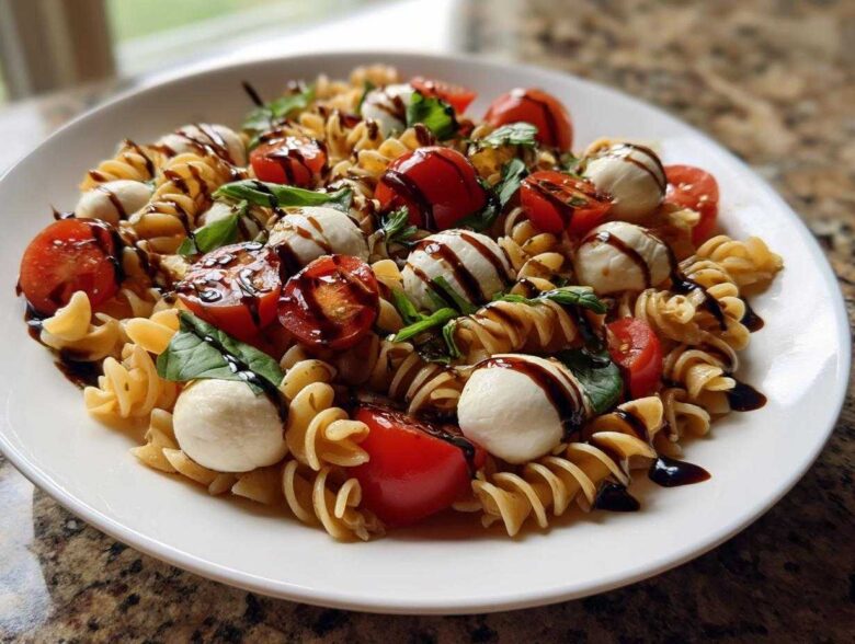 Close-up of a white plate filled with Caprese Pasta Salad featuring fusilli, cherry tomatoes, mozzarella balls, and balsamic drizzle.
