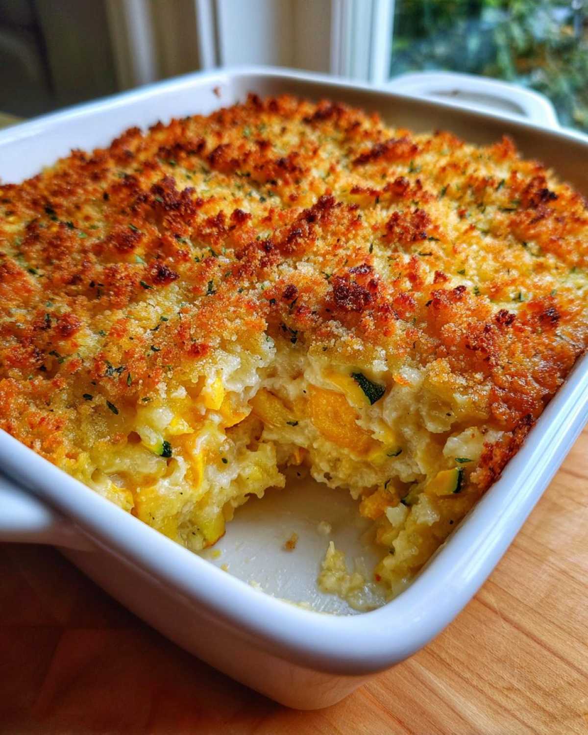 Close-up of a baked Zucchini and Yellow Squash Casserole with a golden, crunchy breadcrumb topping.