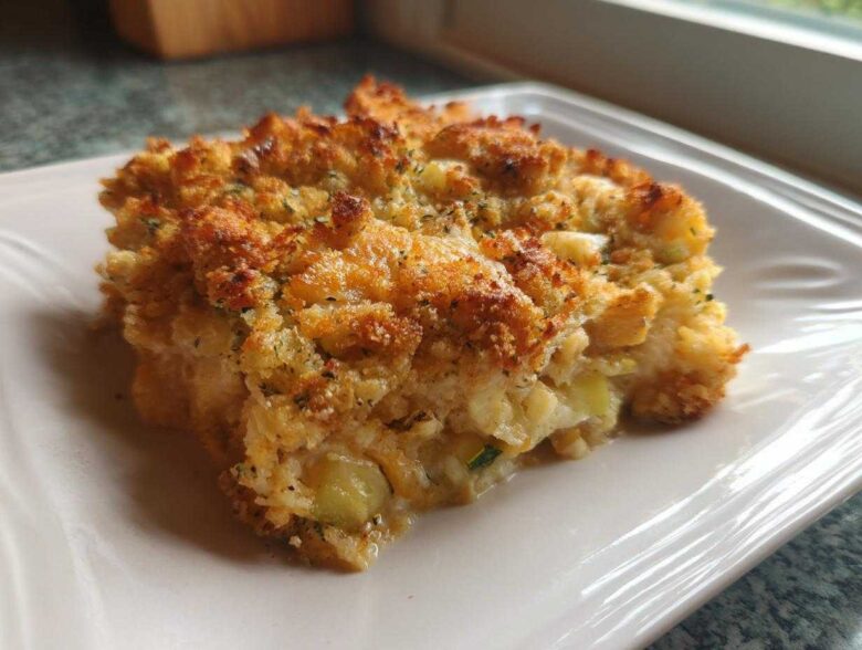 A close-up of a golden-brown serving of Zucchini and Yellow Squash Casserole on a white plate.