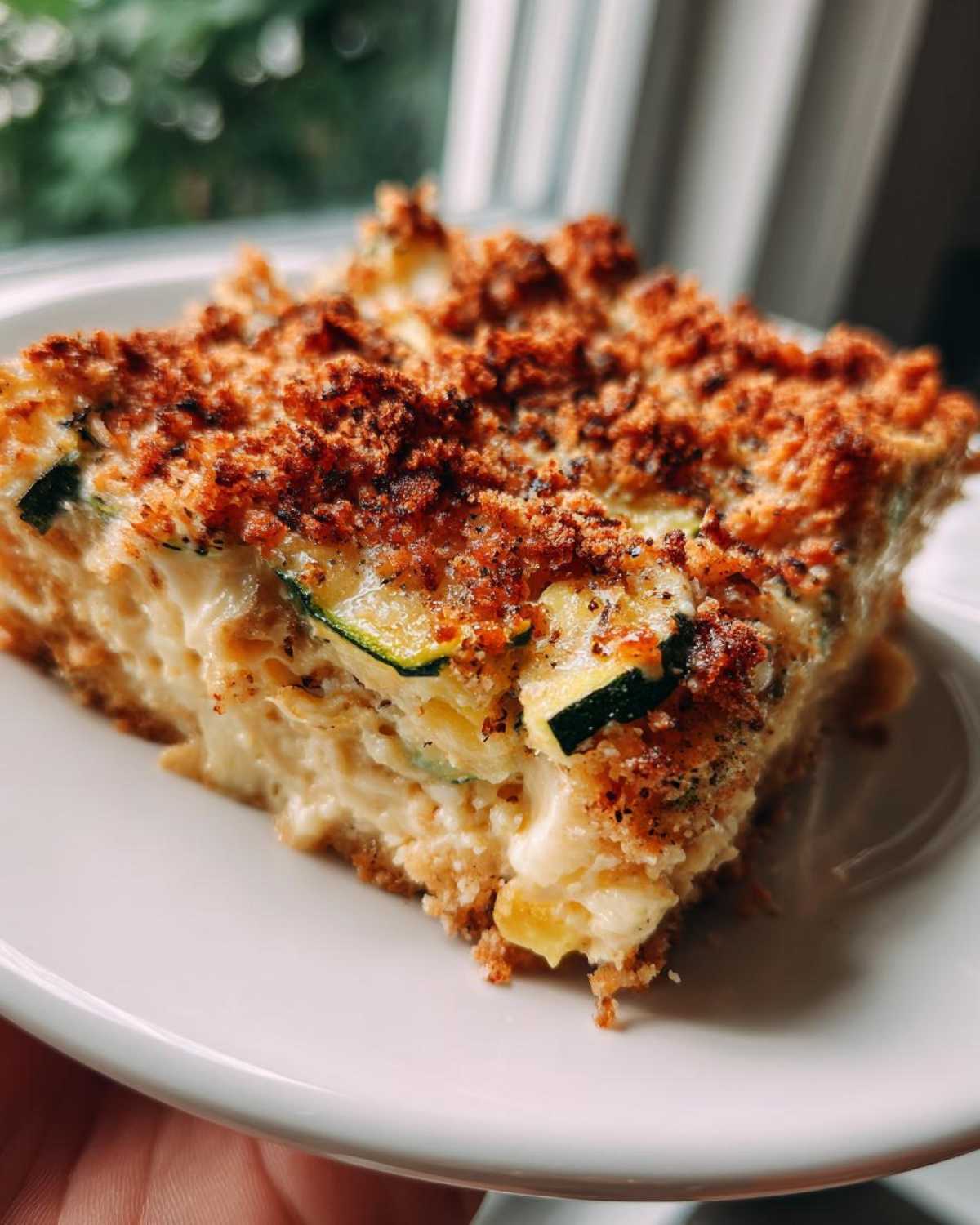 A close-up of a square slice of creamy Zucchini and Yellow Squash Casserole topped with a crispy, browned crumb topping.