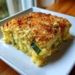 A close-up of a serving of Zucchini and Yellow Squash Casserole with a golden, crunchy breadcrumb topping.