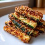 A stack of golden brown Air Fryer Crispy Zucchini Parmesan sticks resting on a white plate.