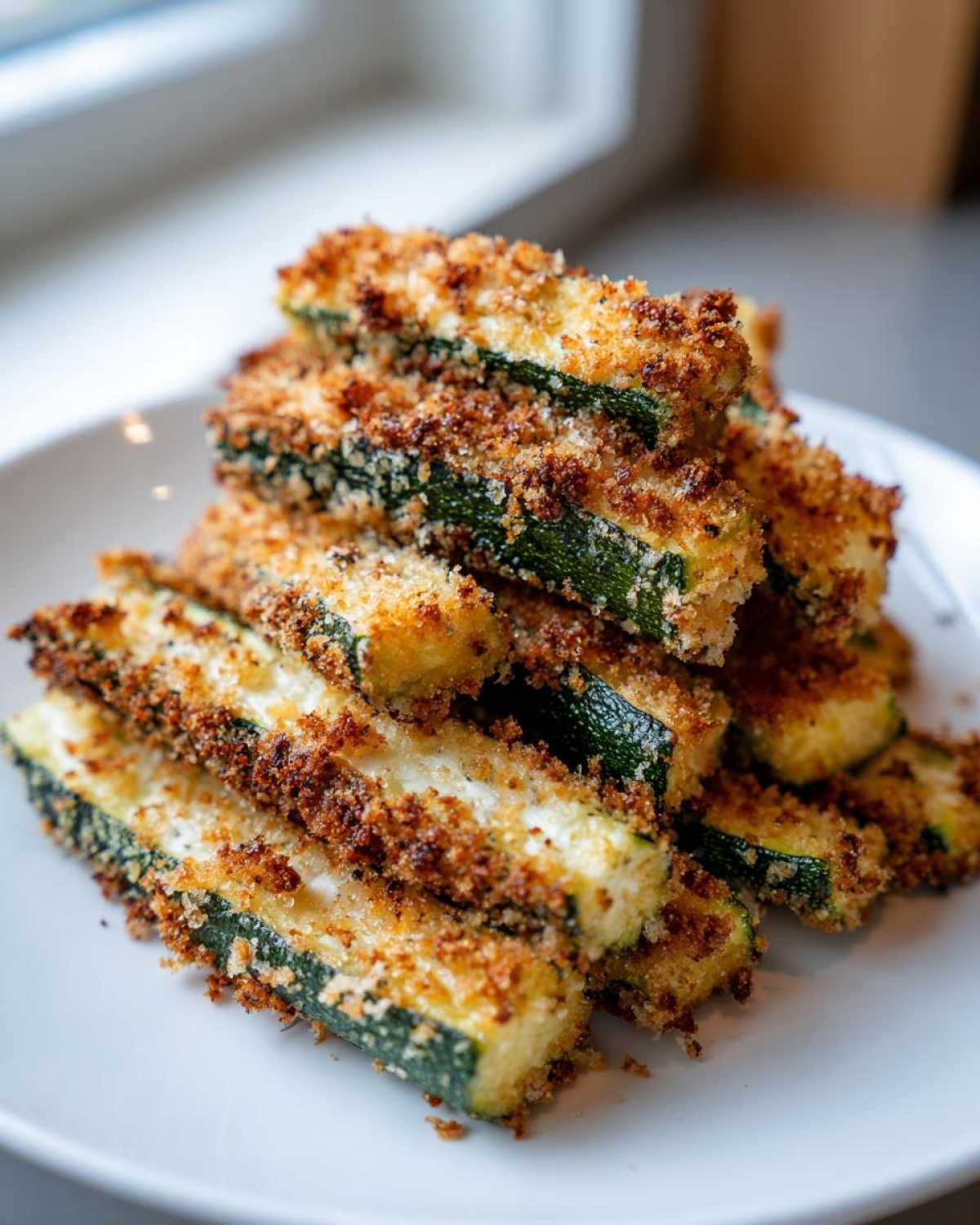 A close-up stack of golden brown Air Fryer Crispy Zucchini Parmesan sticks piled high on a white plate.