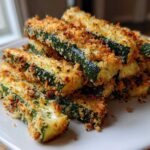 A close-up stack of golden brown Air Fryer Crispy Zucchini Parmesan sticks piled on a white plate.