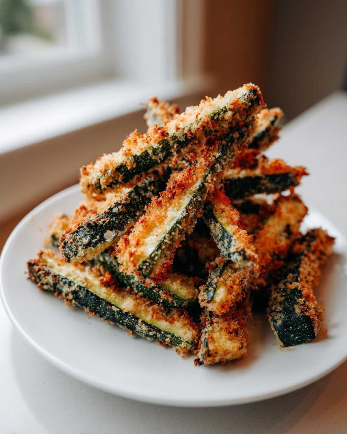 A pile of golden brown Air Fryer Crispy Zucchini Parmesan sticks stacked on a white plate near a window.