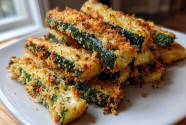 A close-up stack of golden brown Air Fryer Crispy Zucchini Parmesan sticks piled on a white plate.
