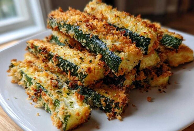 A close-up stack of golden brown Air Fryer Crispy Zucchini Parmesan sticks piled on a white plate.