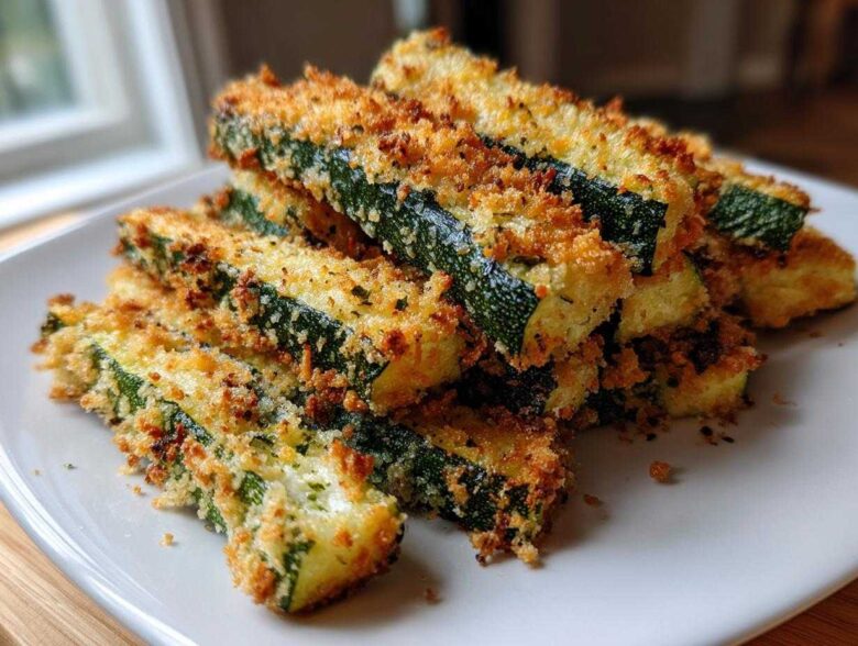 A close-up stack of golden brown Air Fryer Crispy Zucchini Parmesan sticks piled on a white plate.