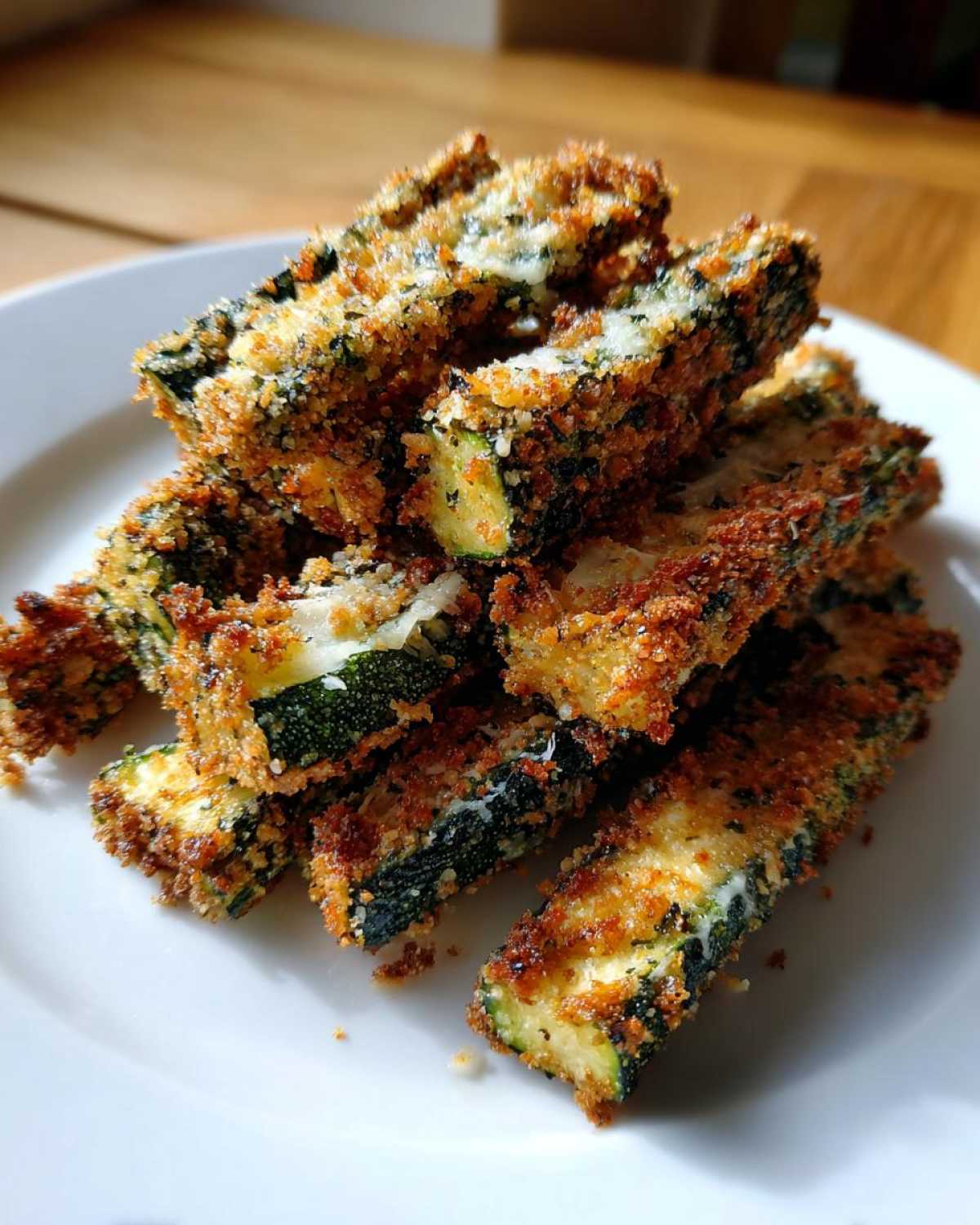 A close-up of crispy, golden-brown Baked Parmesan Zucchini Fries stacked on a white plate.