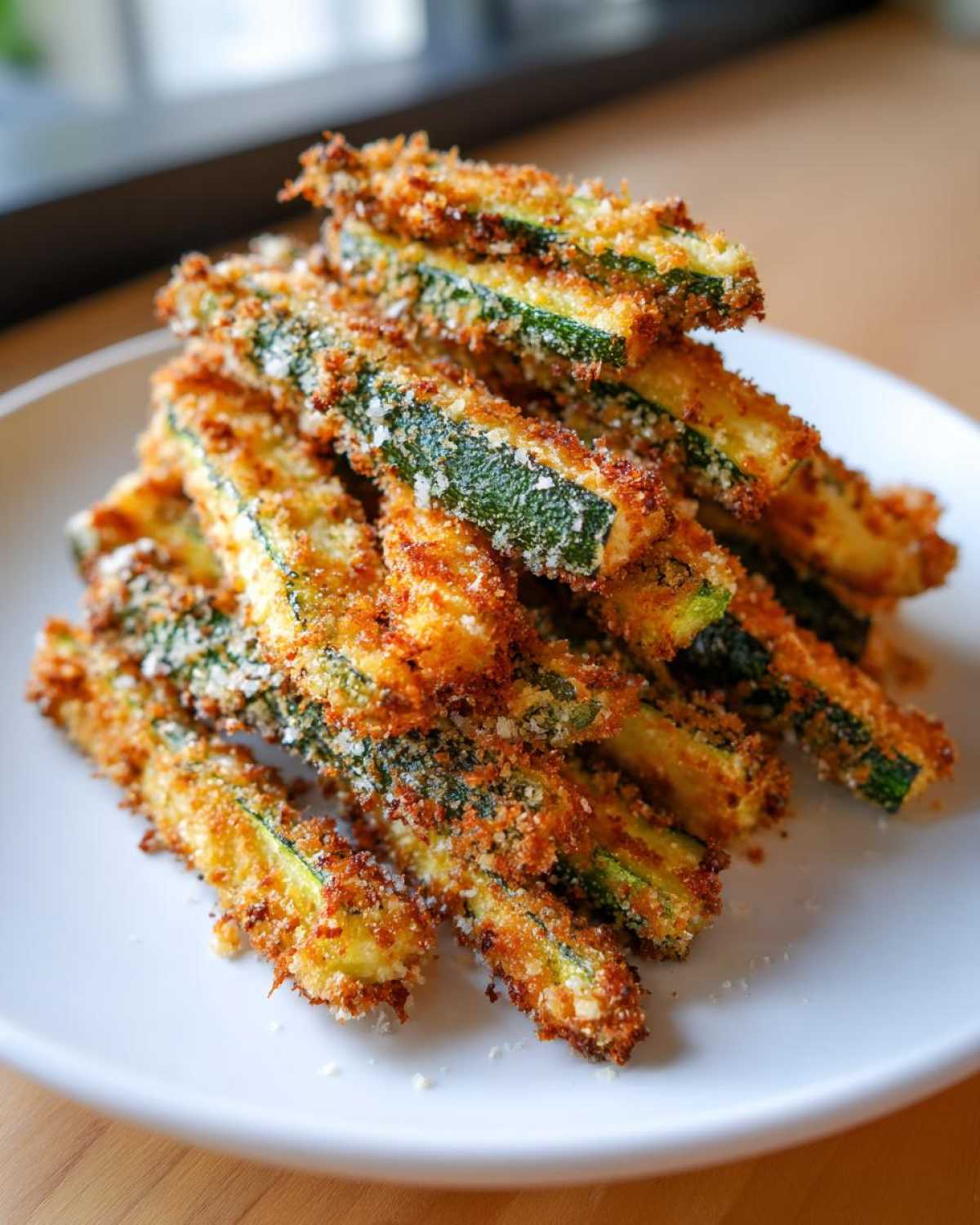 A tall stack of golden brown, crispy Baked Parmesan Zucchini Fries sprinkled with extra cheese on a white plate.