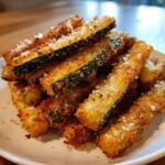 A close-up of a pile of golden brown Baked Parmesan Zucchini Fries sprinkled with grated cheese.