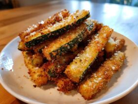 A close-up of a pile of golden brown Baked Parmesan Zucchini Fries sprinkled with grated cheese.