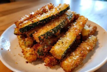 A close-up of a pile of golden brown Baked Parmesan Zucchini Fries sprinkled with grated cheese.