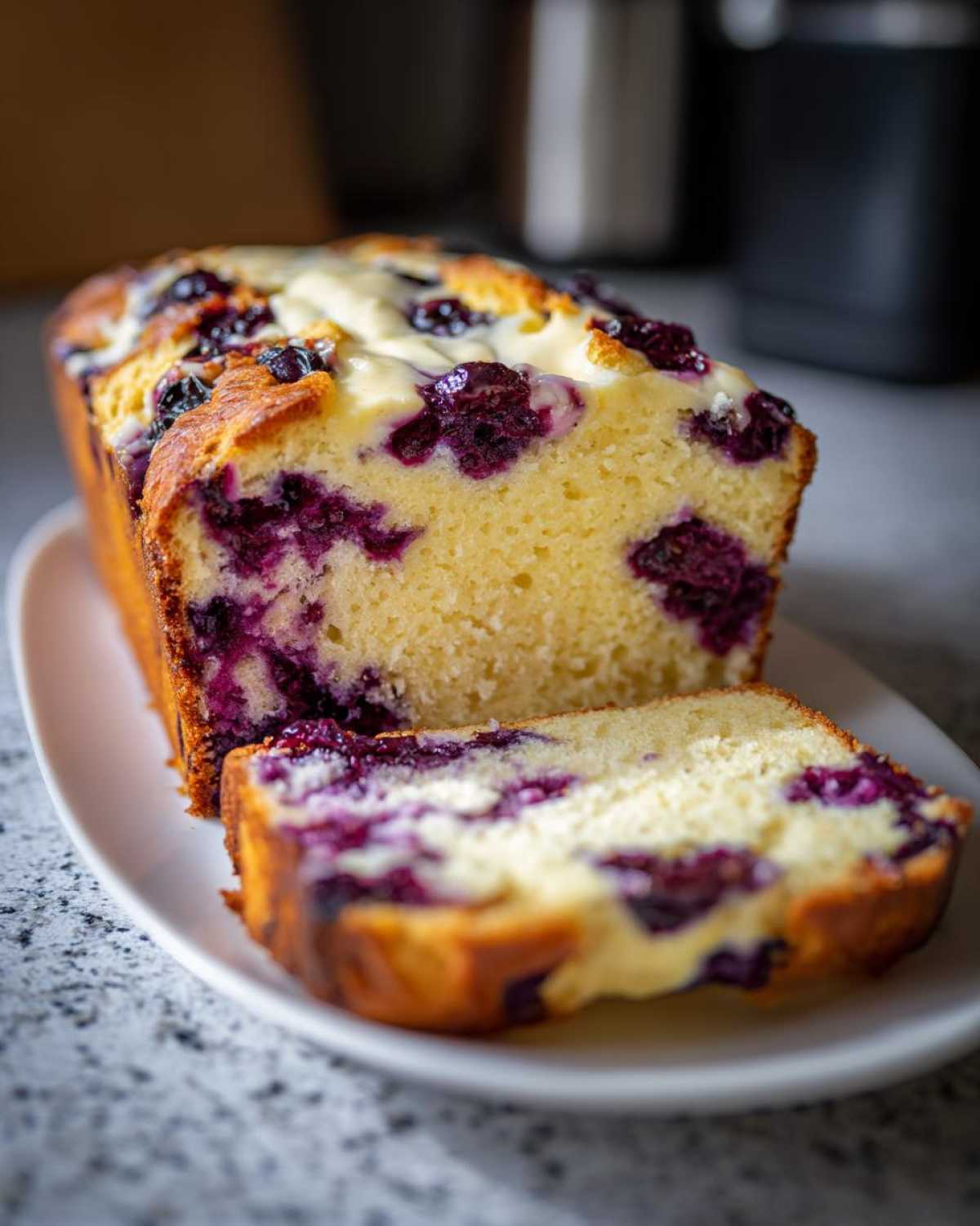 A close-up of a rich Blueberry Cream Cheese Bread Loaf, sliced to show the dense crumb and vibrant blueberry swirls.