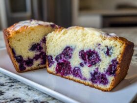 Two thick slices of moist Blueberry Cream Cheese Bread Loaf showing rich purple blueberries inside a light yellow crumb.