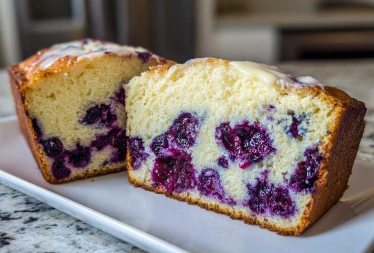 Two thick slices of moist Blueberry Cream Cheese Bread Loaf showing rich purple blueberries inside a light yellow crumb.