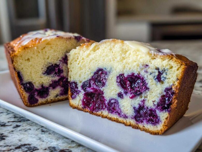 Two thick slices of moist Blueberry Cream Cheese Bread Loaf showing rich purple blueberries inside a light yellow crumb.