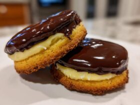 Close-up of two layered Boston Cream Pie Cookie Bites filled with vanilla cream and topped with shiny dark chocolate ganache.