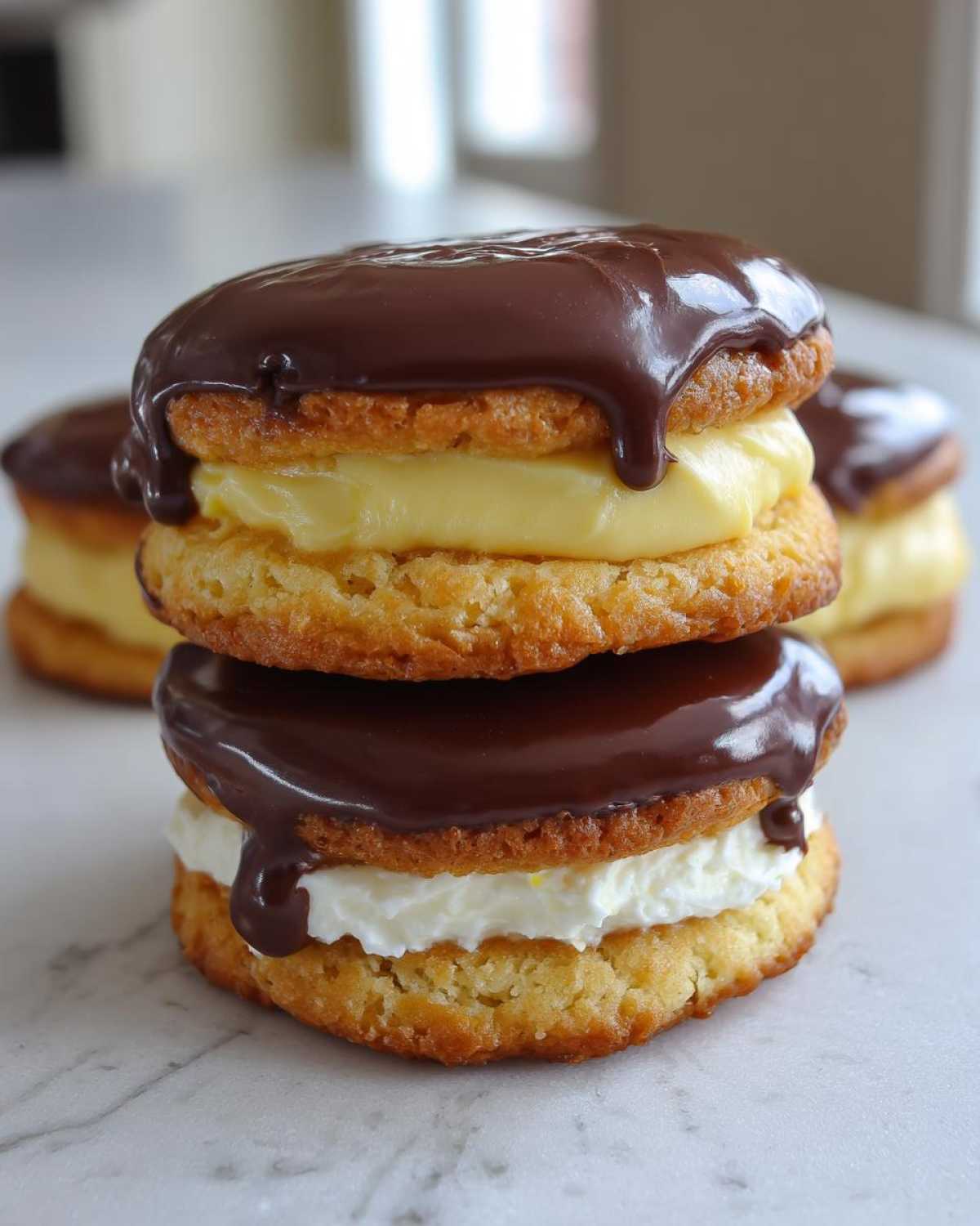 Two stacked Boston Cream Pie Cookie Bites featuring golden cookies, vanilla cream, pastry cream, and dripping chocolate ganache.