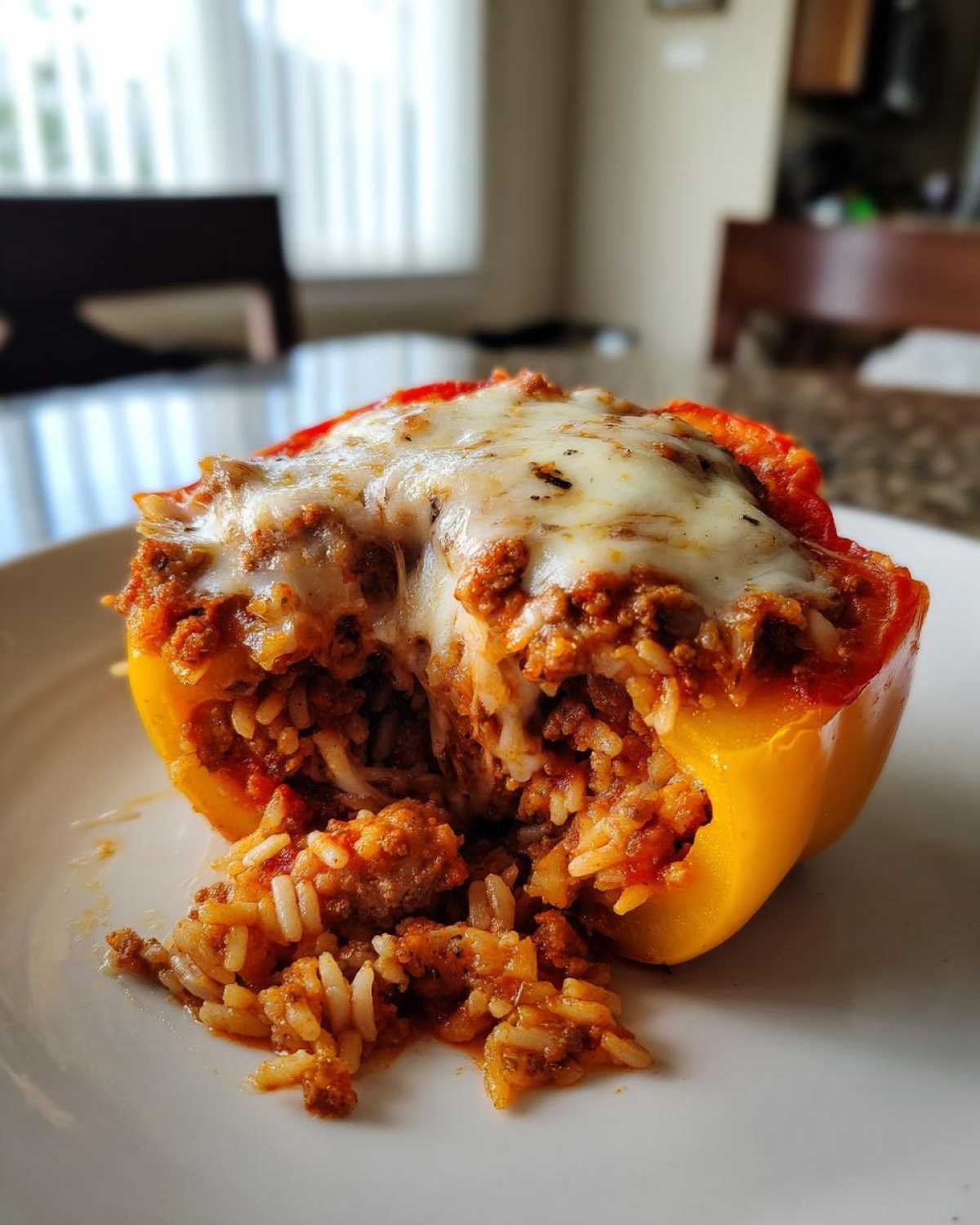 A close-up of a baked, yellow Stuffed Bell Peppers half overflowing with a savory meat and rice filling, topped with melted cheese.