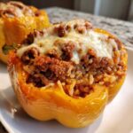 A close-up of a baked yellow stuffed bell peppers half, generously filled with meat and rice mixture and topped with melted cheese.