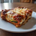 A thick slice of Cheesy Zucchini Pizza Casserole featuring layers of zucchini, sauce, and a bubbly, browned cheese topping.