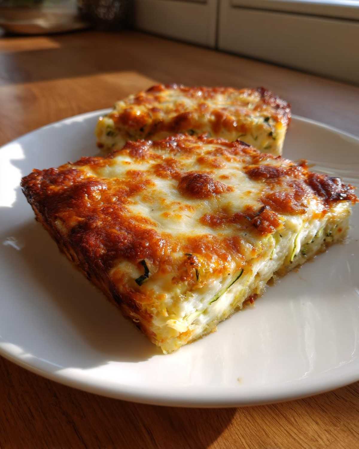 Close-up of a slice of Cheesy Zucchini Pizza Casserole with a bubbly, browned cheese topping on a white plate.