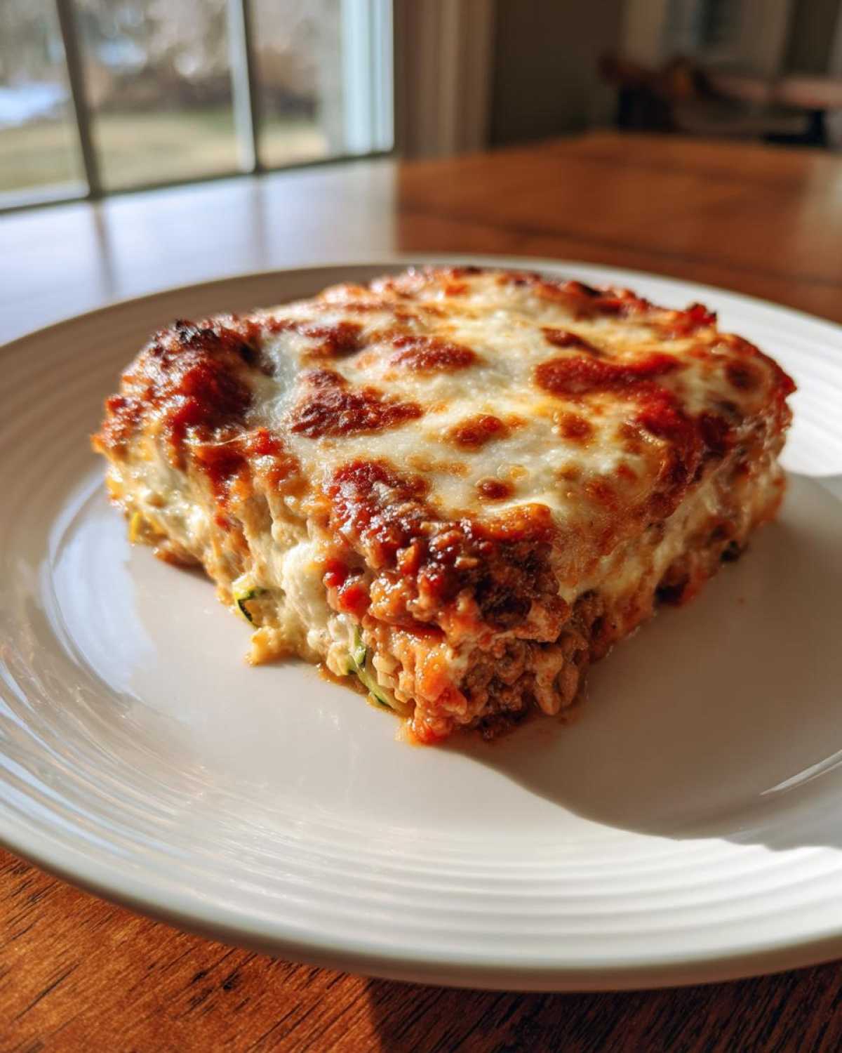 A single serving slice of Cheesy Zucchini Pizza Casserole topped with melted, browned mozzarella and marinara sauce.