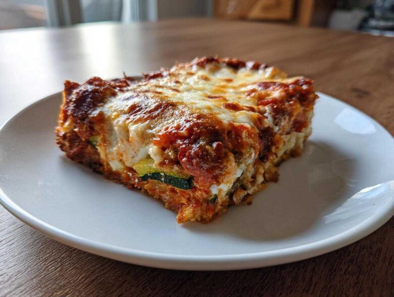 A thick slice of Cheesy Zucchini Pizza Casserole featuring layers of zucchini, sauce, and a bubbly, browned cheese topping.