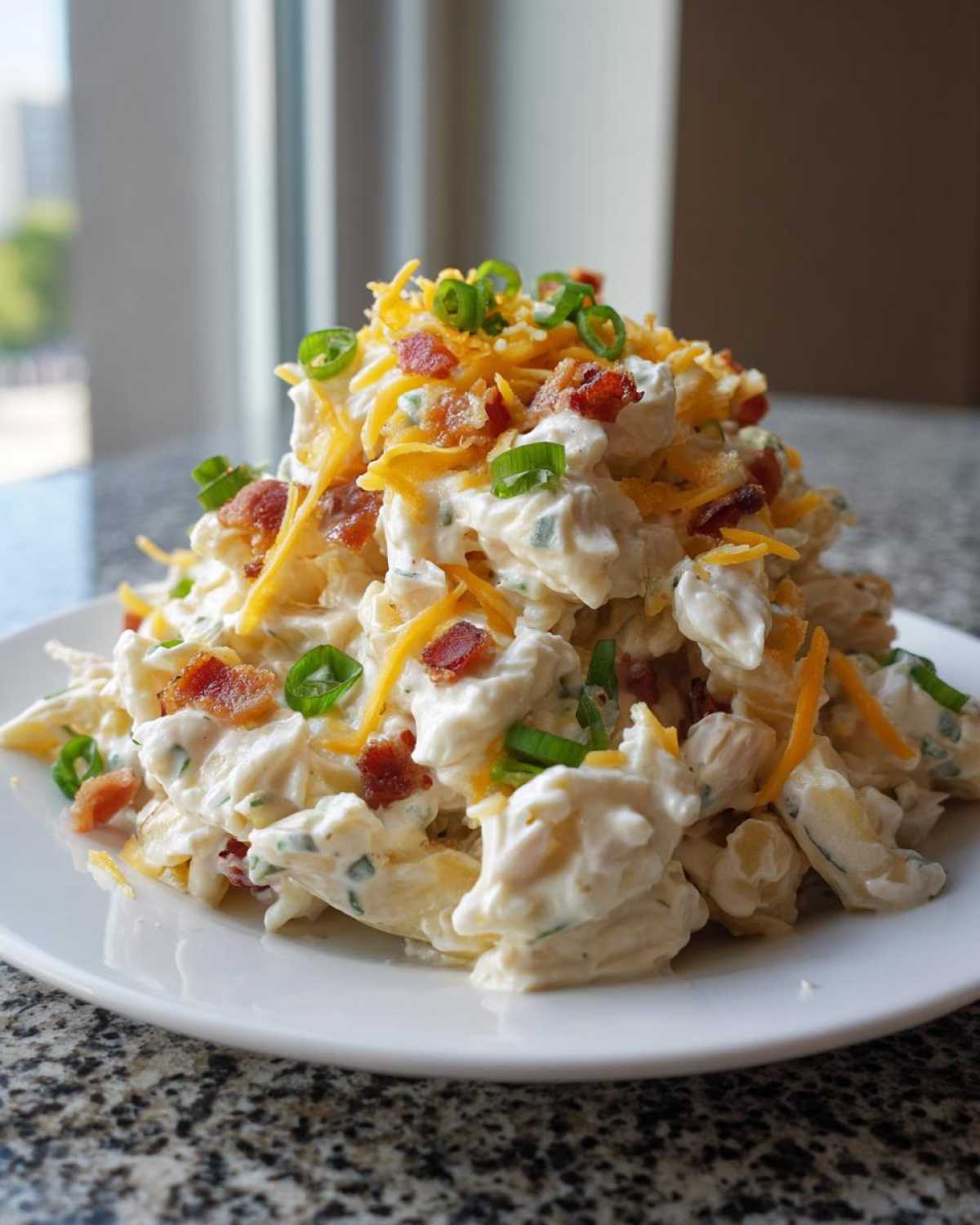A generous serving of creamy Chicken Bacon Ranch Pasta Salad topped with shredded cheddar, bacon bits, and green onions.