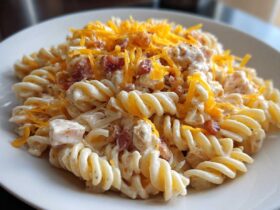 A close-up of creamy Bacon Pasta Salad made with rotini pasta, bacon bits, and topped with shredded cheddar cheese.