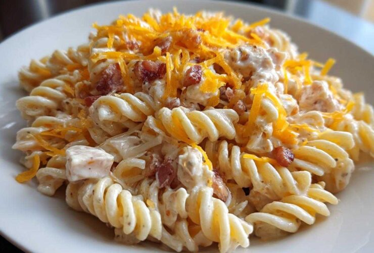 A close-up of creamy Bacon Pasta Salad made with rotini pasta, bacon bits, and topped with shredded cheddar cheese.