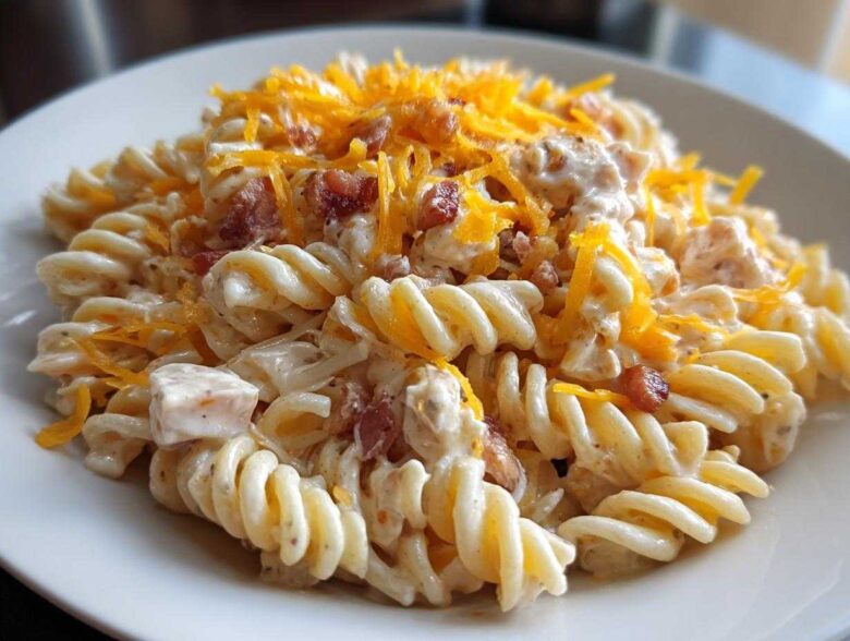 A close-up of creamy Bacon Pasta Salad made with rotini pasta, bacon bits, and topped with shredded cheddar cheese.