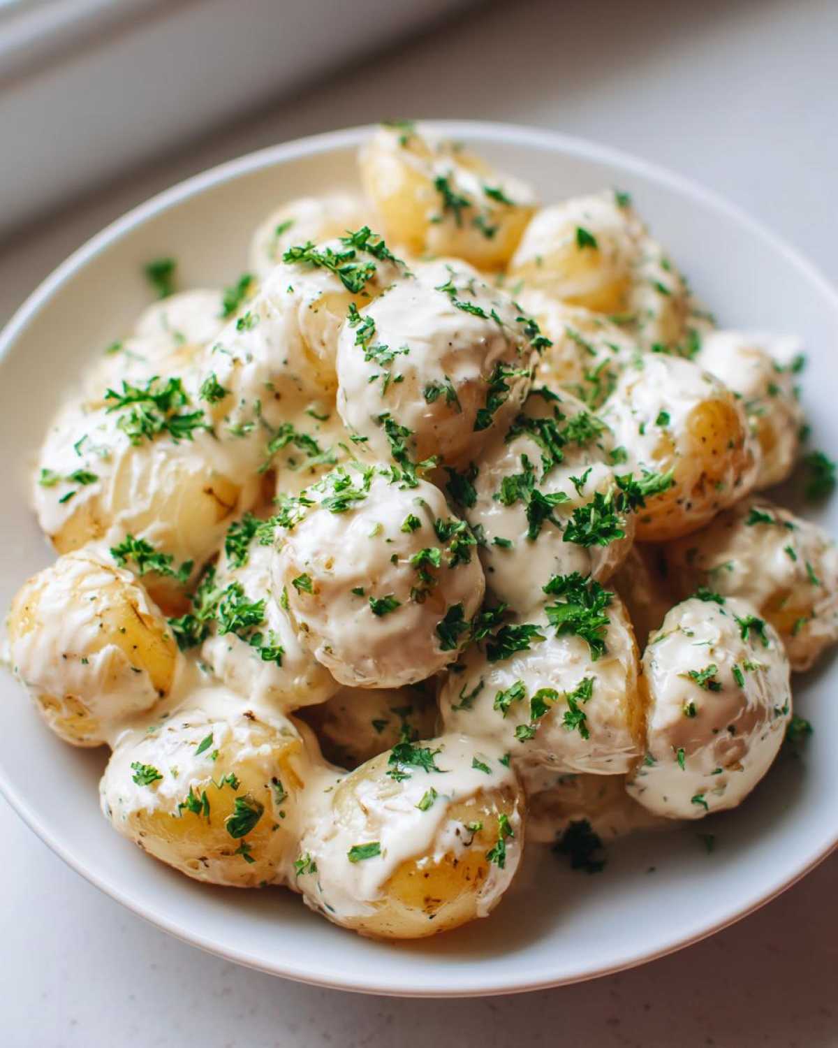 Close-up of warm baby potatoes generously coated in a rich Creamy Garlic Sauce Baby Potatoes and topped with fresh chopped parsley.