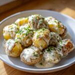 A close-up of roasted baby potatoes generously covered in a rich Creamy Garlic Sauce Baby Potatoes and sprinkled with fresh parsley.