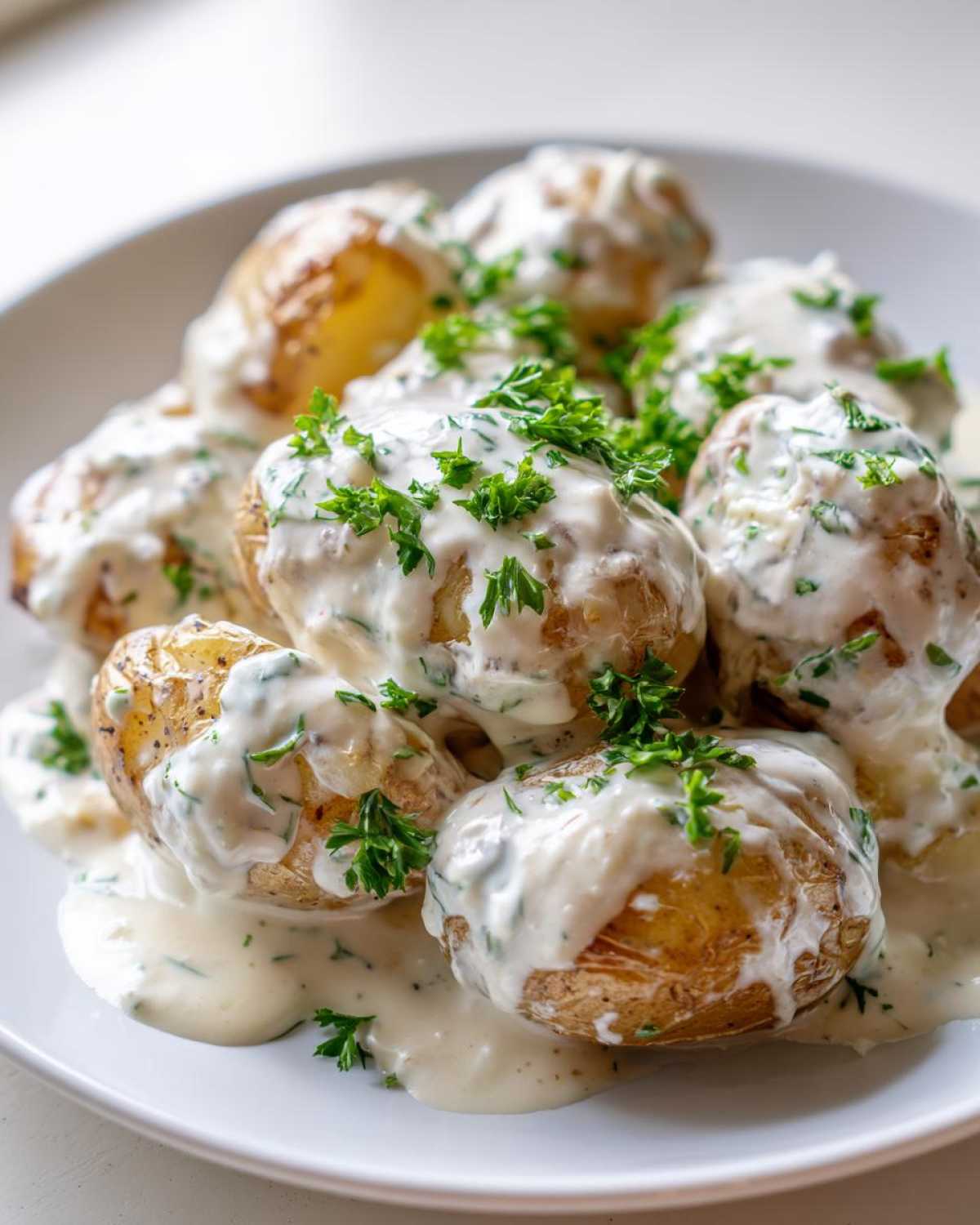 Close-up of roasted baby potatoes smothered in a rich Creamy Garlic Sauce Baby Potatoes and topped with fresh chopped parsley.