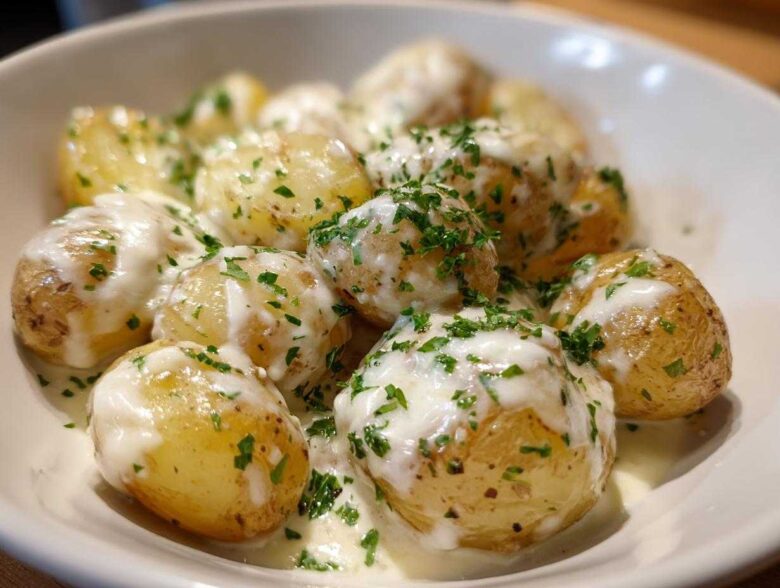Close-up of tender baby potatoes smothered in creamy garlic sauce and topped with fresh parsley, perfect for Creamy Garlic Sauce Baby Potatoes.