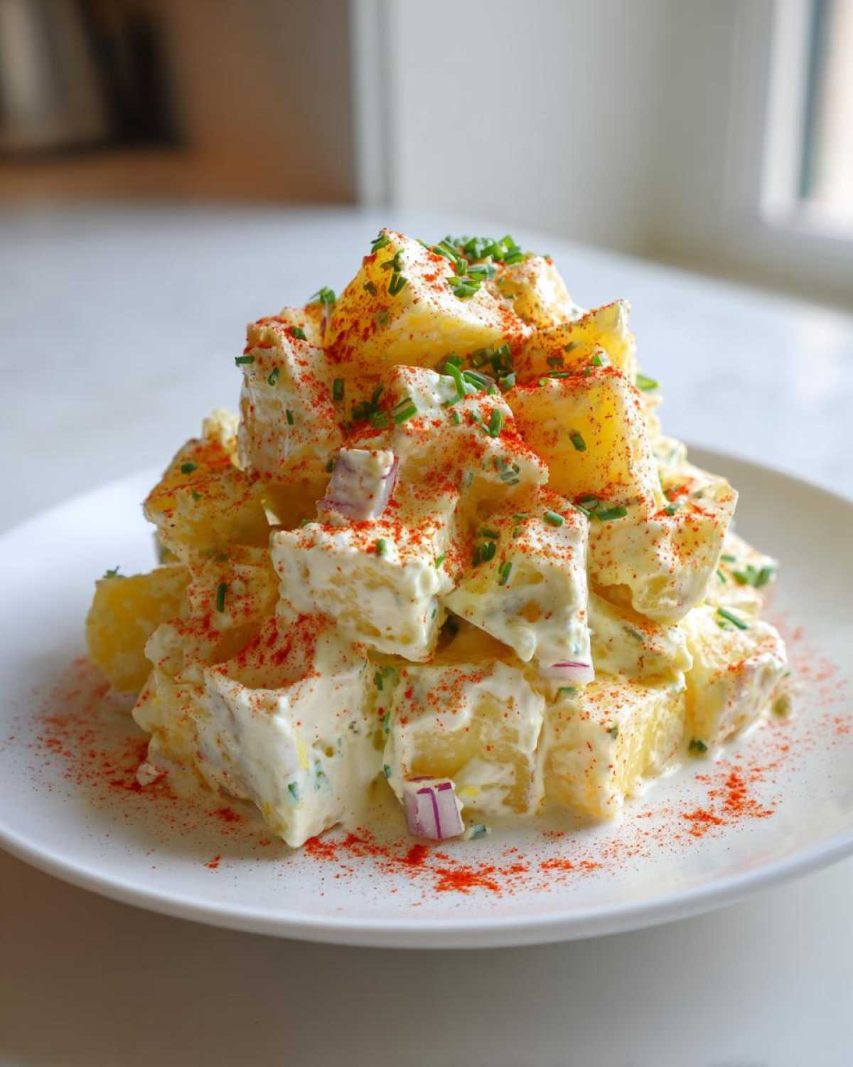 A mound of creamy Potato Salad featuring diced potatoes, red onion, topped with paprika and fresh chives.