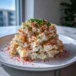 A tall mound of creamy, homemade Potato Salad topped with paprika and fresh parsley on a white plate.