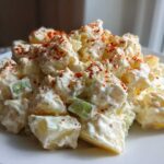 Close-up of a mound of creamy Potato Salad, featuring chunks of potato and celery coated in dressing and topped with paprika.