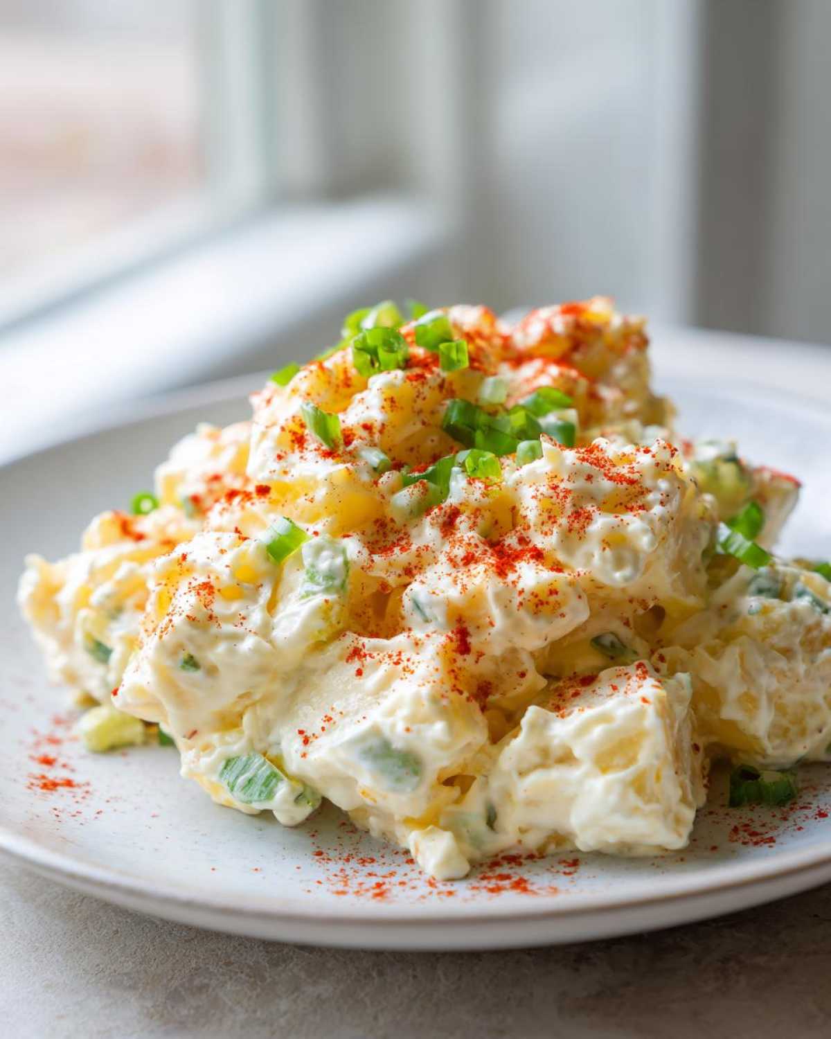 A close-up of creamy Potato Salad served on a white plate, garnished with bright green chives and sprinkled paprika.