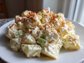 Close-up of a mound of creamy Potato Salad, featuring chunks of potato and celery coated in dressing and topped with paprika.