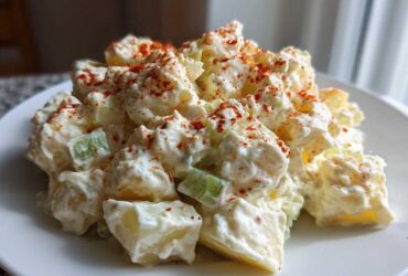 Close-up of a mound of creamy Potato Salad, featuring chunks of potato and celery coated in dressing and topped with paprika.