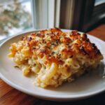 A close-up of a serving of Dump and Bake Mac and Cheese with a golden, bubbly, cheesy crust.