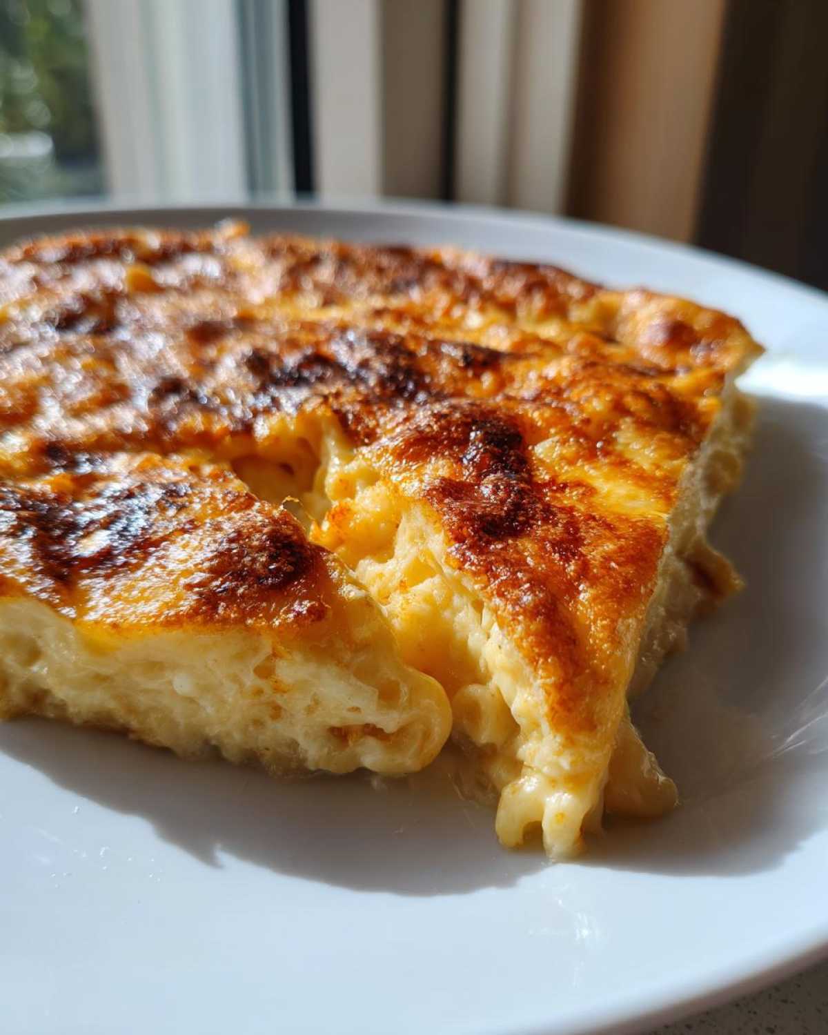 Close-up of a slice of baked Dump and Bake Mac and Cheese with a golden-brown, slightly charred top crust.