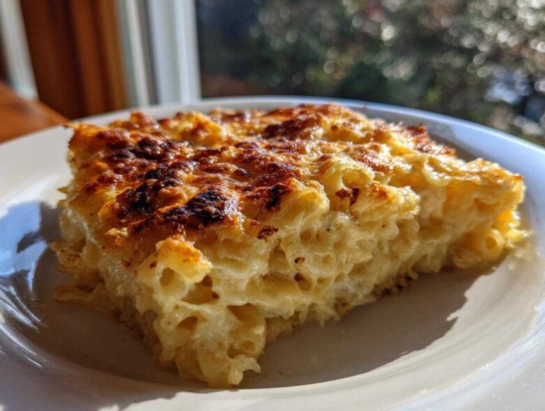 A close-up slice of creamy Dump and Bake Mac and Cheese with a perfectly browned and bubbly cheese crust.