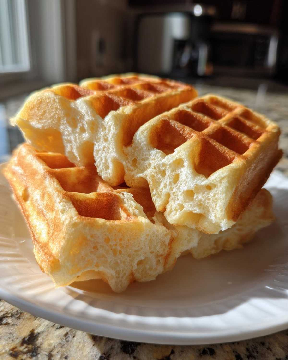 Close-up showing the airy, light interior texture of three stacked Fluffy Waffles.