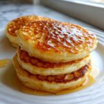 Close-up of a stack of three fluffy Buttermilk Pancakes drizzled generously with golden syrup.