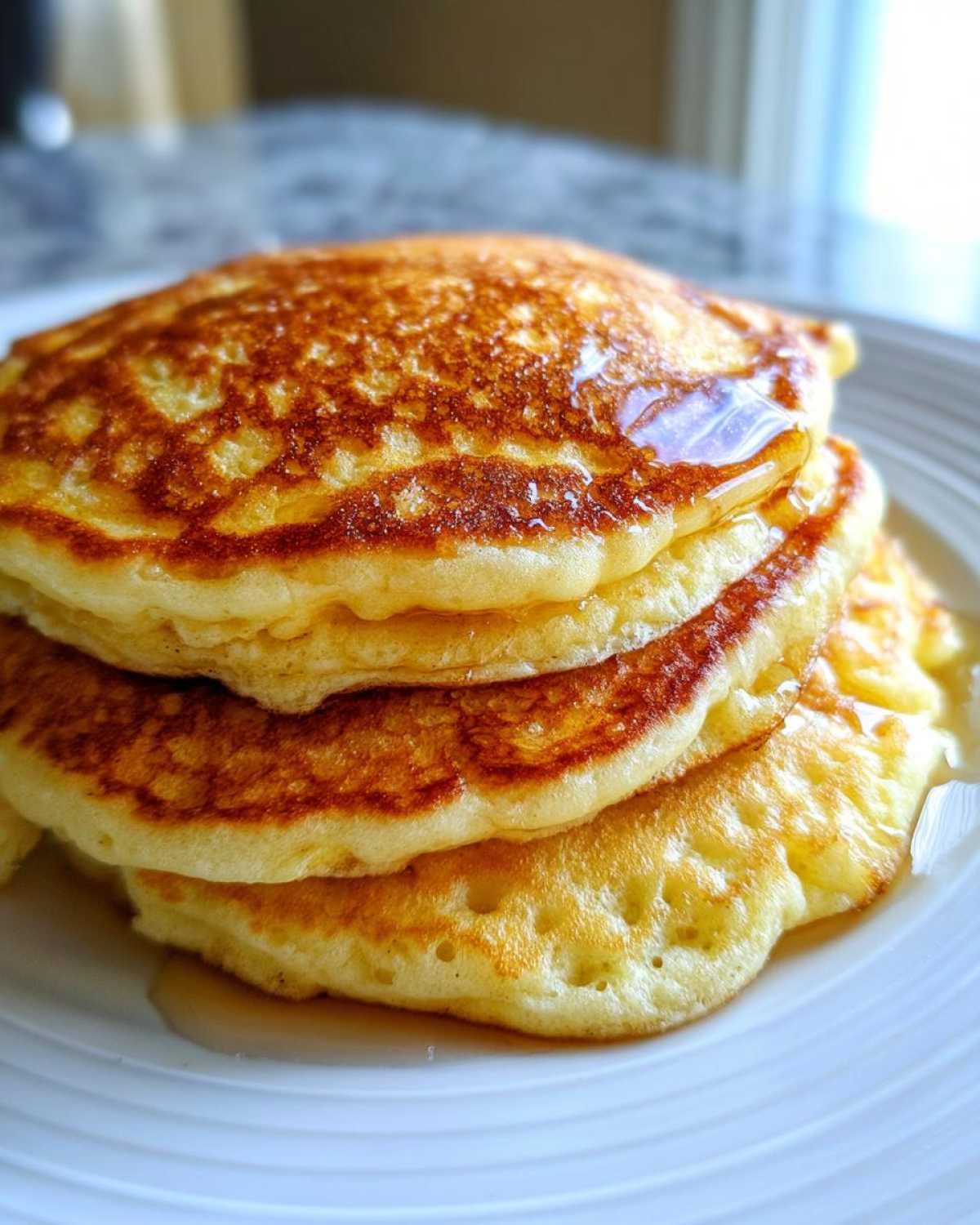 A close-up of a tall stack of golden-brown Buttermilk Pancakes drizzled with syrup.