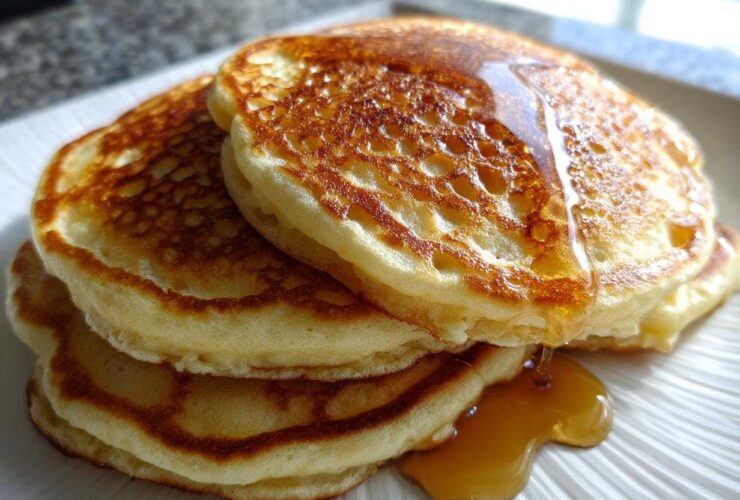Close-up of a stack of three fluffy Buttermilk Pancakes drizzled generously with golden syrup.
